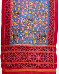 Red & Blue Kalamkari Hand Painting With Manekchowk Pallu Patola Saree
