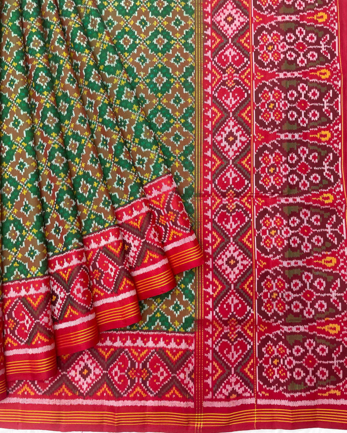 Red & Green Buttonful Designer Patola Saree