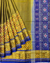 Blue & Mehendi Plain with Panchanda Scut Border Patola Saree