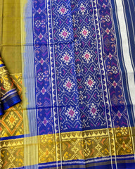 Blue & Mehendi Plain with Panchanda Scut Border Patola Saree