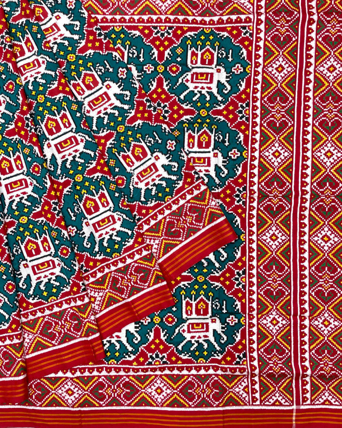 Red & Turquoise Elephant Chhabdi Designer Patola Saree