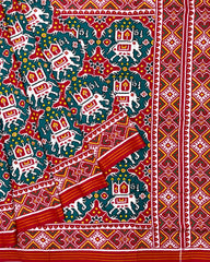Red & Turquoise Elephant Chhabdi Designer Patola Saree