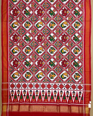 Red & White Narikunj with Temple Pallu Double Ikat Patola Saree