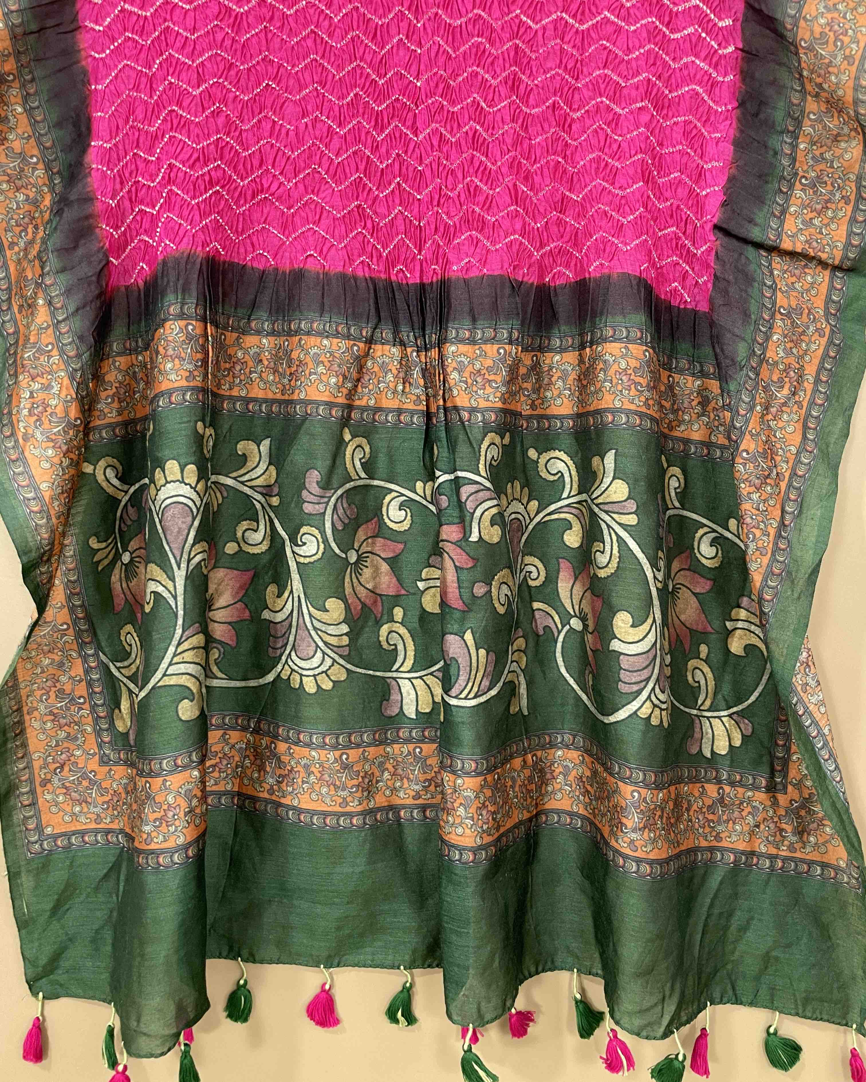 Green & Pink Munga Silk Bandhani Dupatta