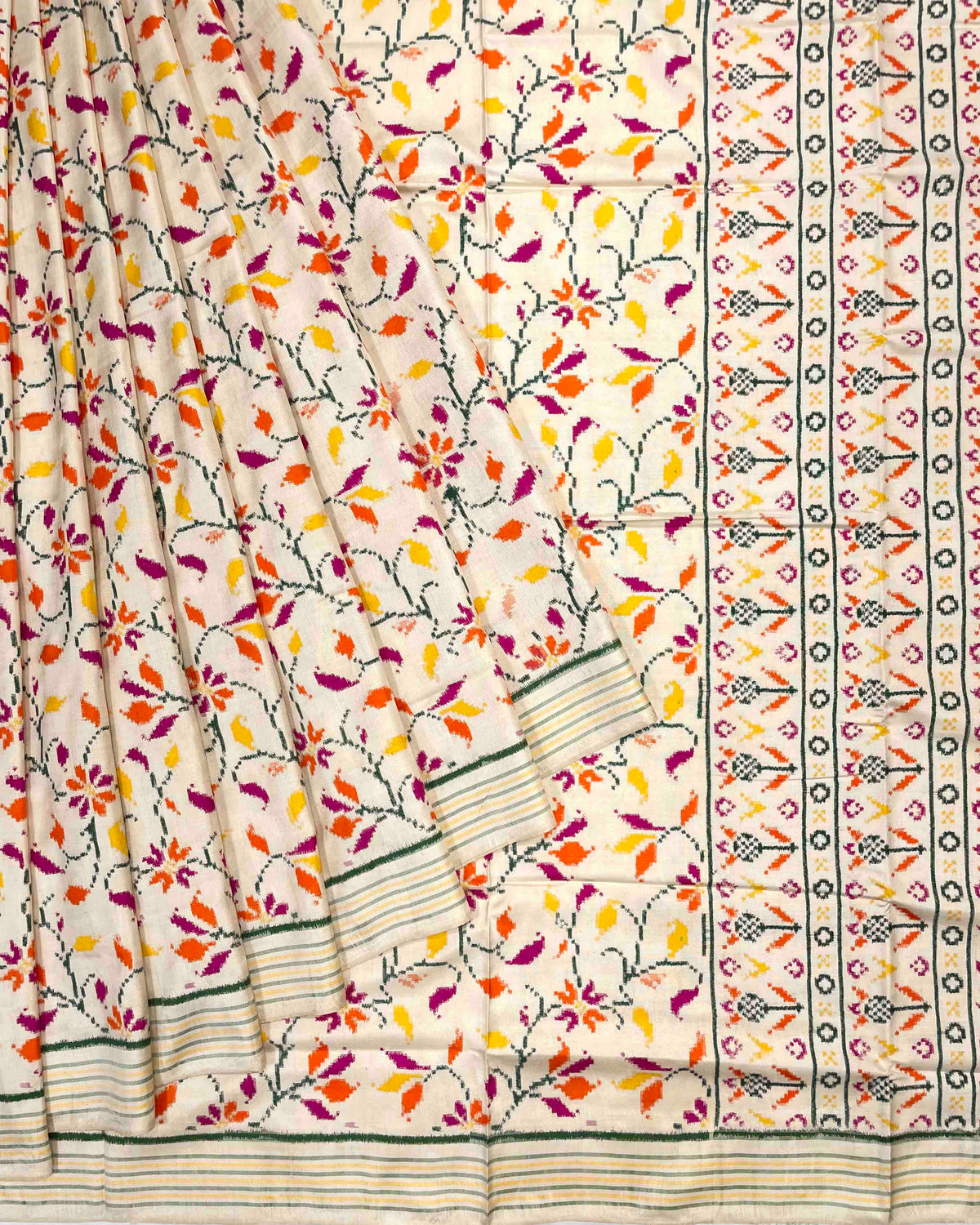 Off White Leaves Designer Patola Saree