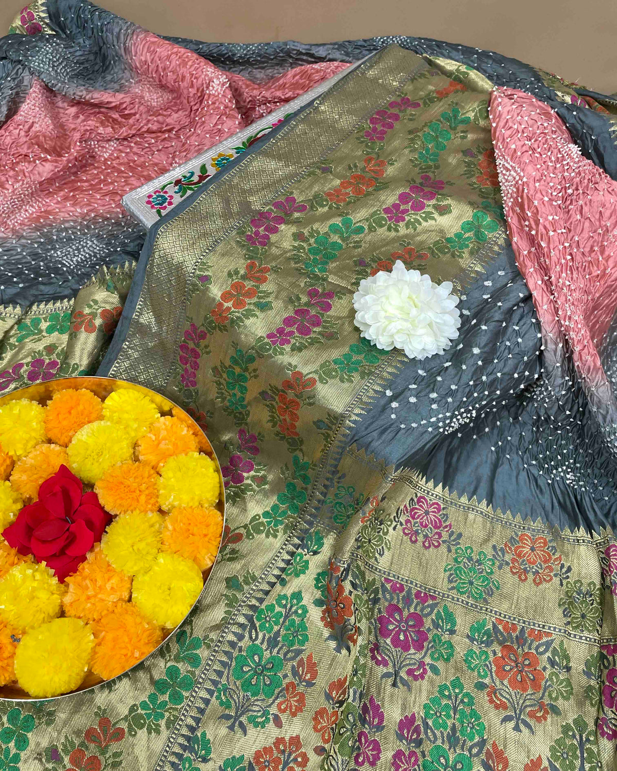 Grey & Pink Silk Banarasi Tilfi Bandhani Saree