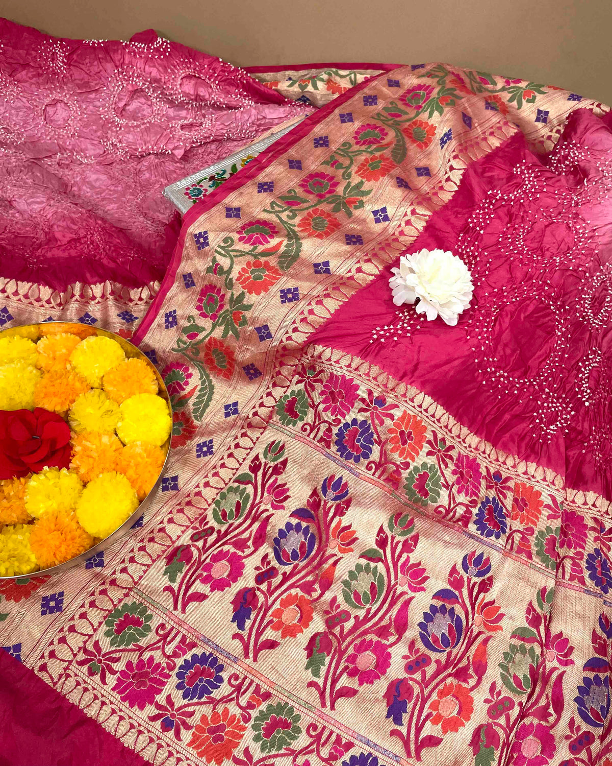 Pink Shaded Silk Banarasi Tilfi Bandhani Saree