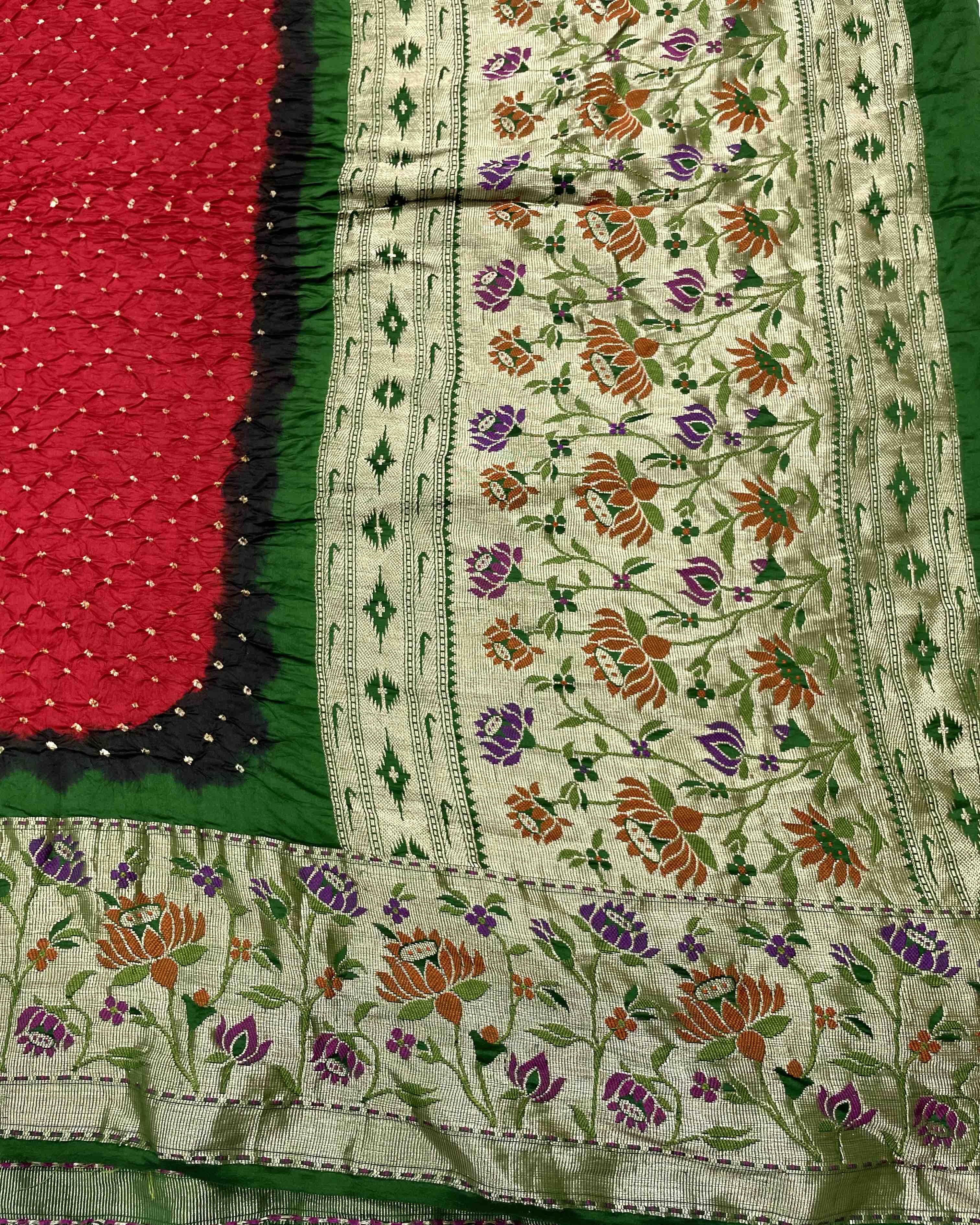 Green & Red Silk Banarasi Tilfi Bandhani Saree