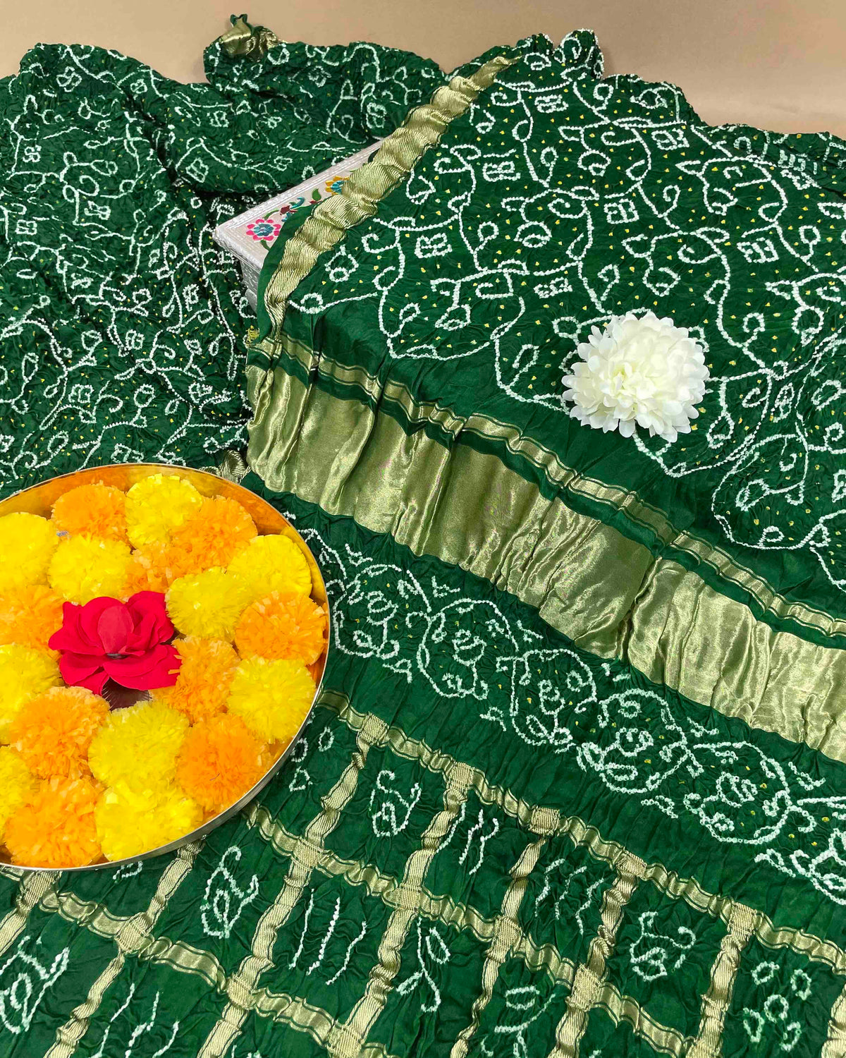 Green with Chex Pallu Gajji Silk Bandhani Saree