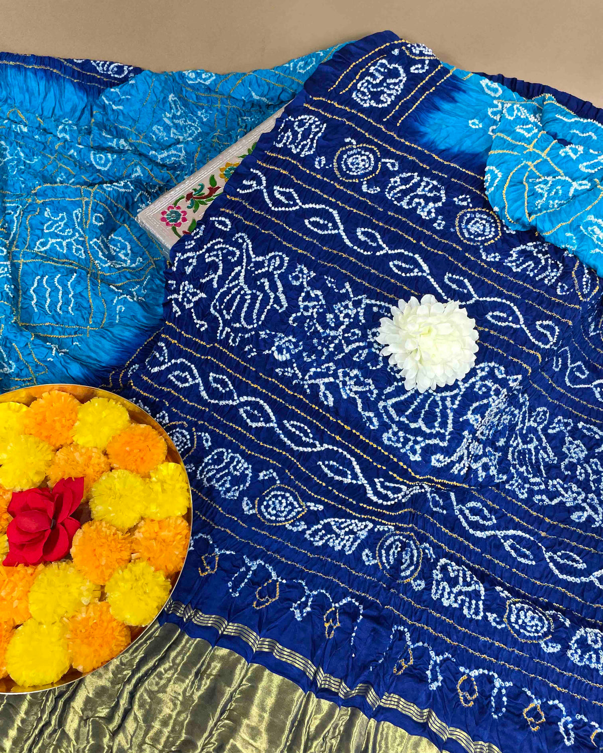 Blue & Sky Blue Gajji Silk Bandhani Saree