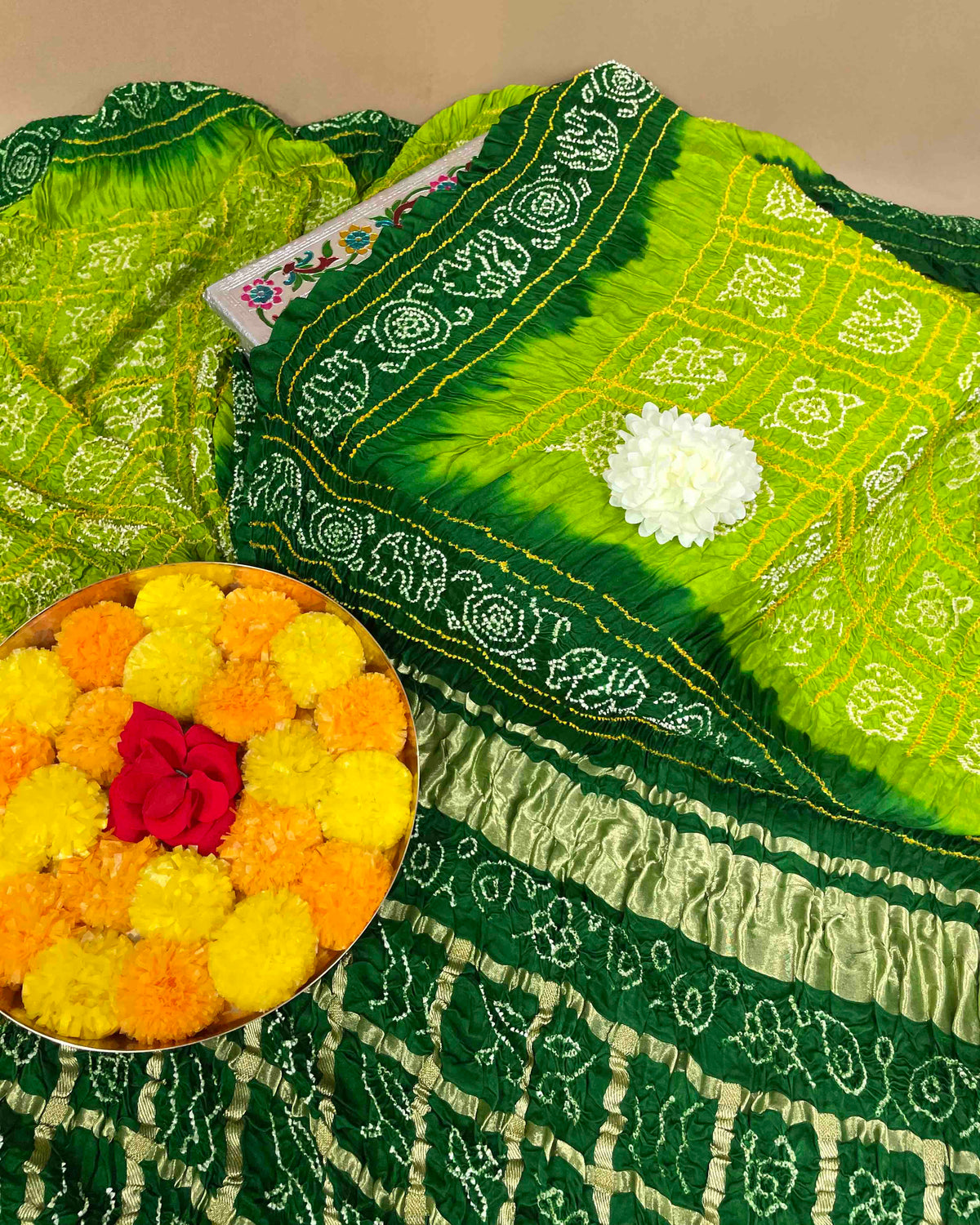 Green & Parrot Green with Chex Pallu Gajji Silk Bandhani Saree