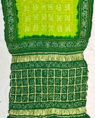 Green & Parrot Green with Chex Pallu Gajji Silk Bandhani Saree