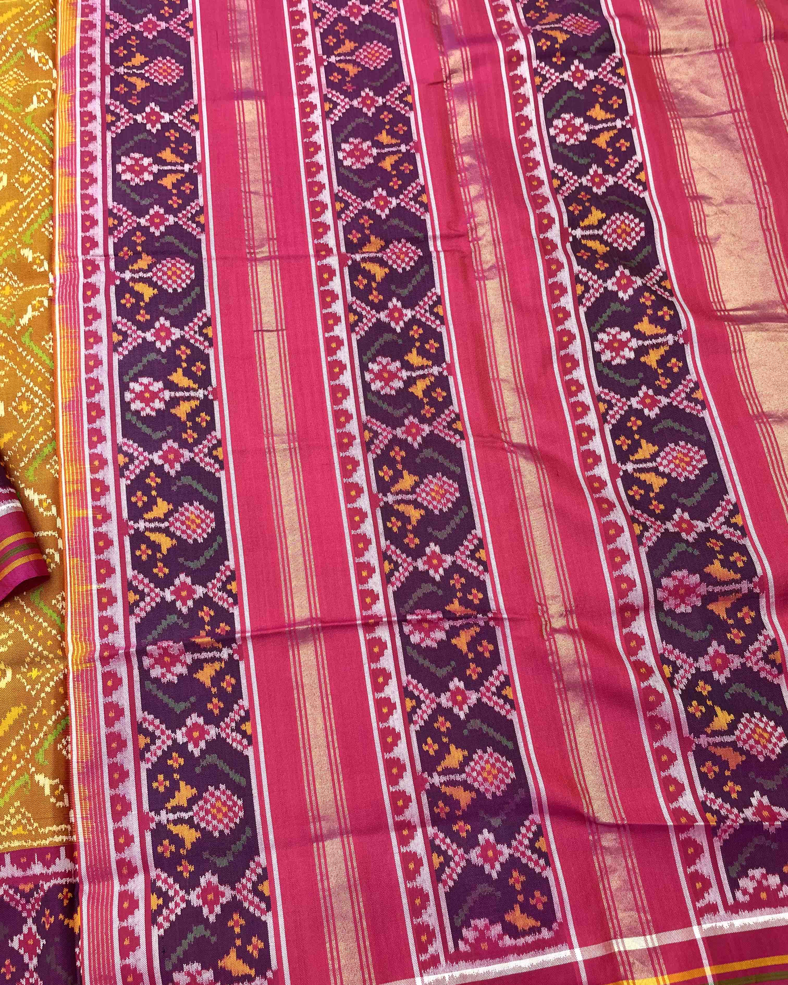 Pink & Mustard Panchanda Elephant Designer Patola Saree