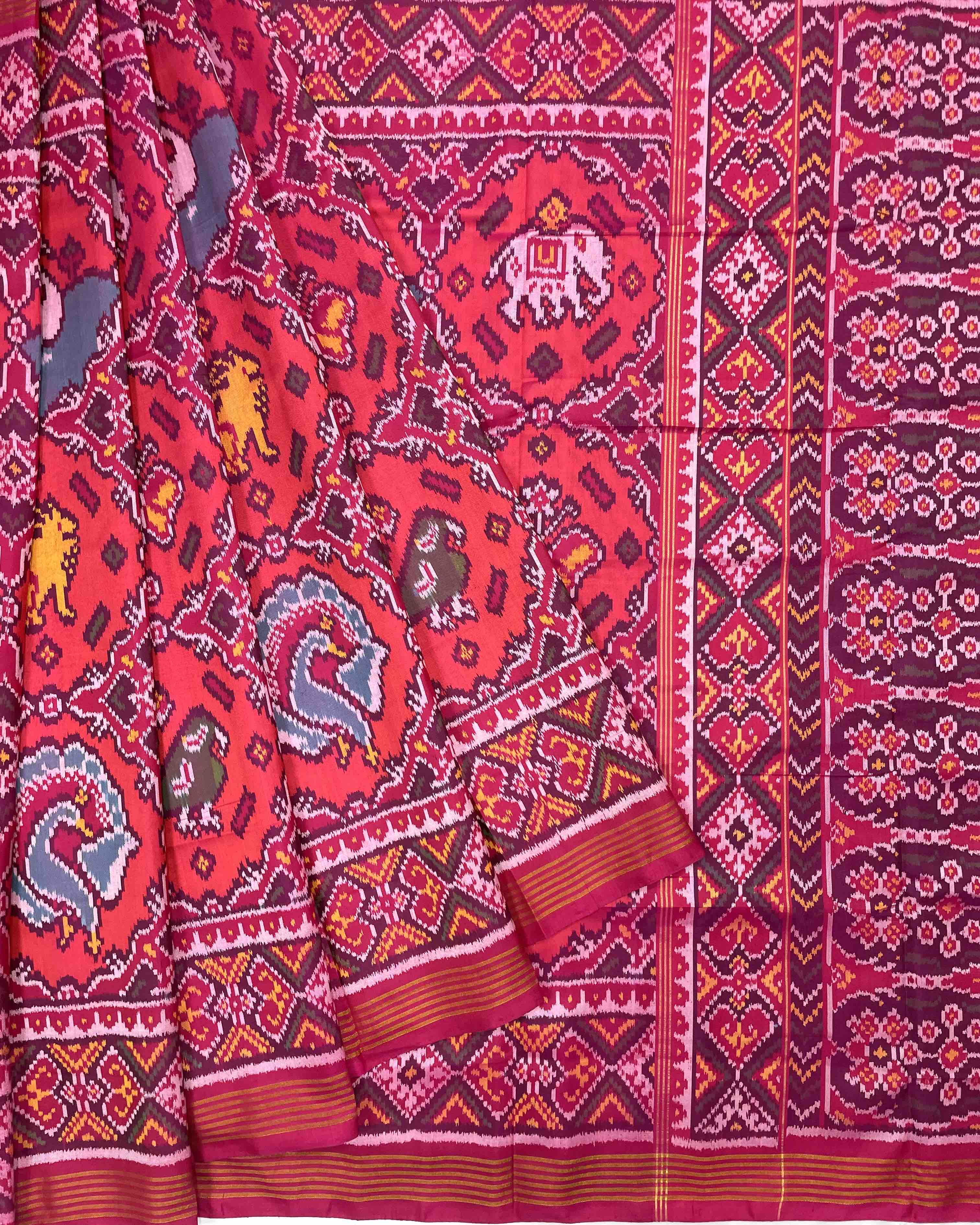 Pink & Orange Bid Figure Chhabdi Narikunj Designer Patola Saree