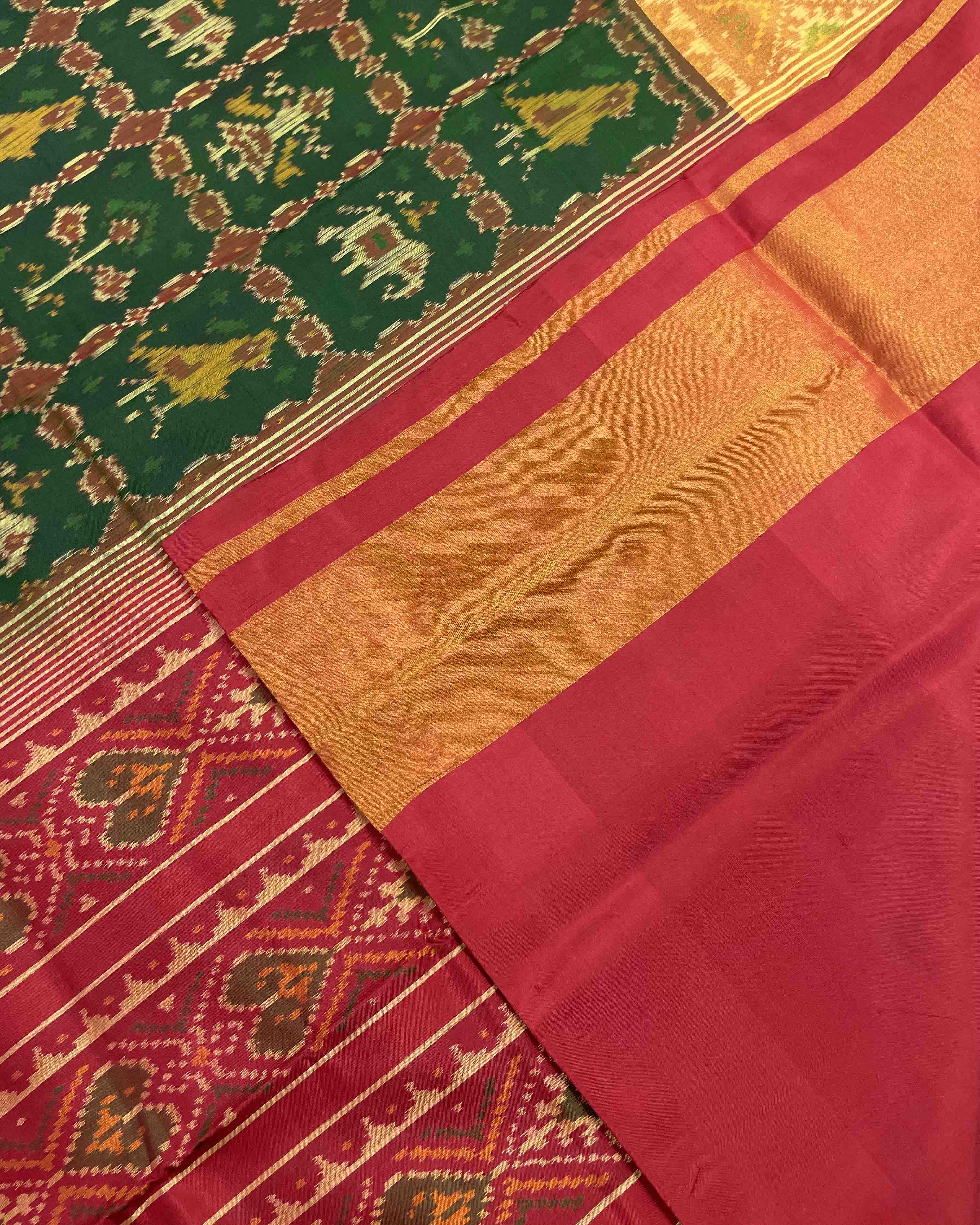 Red & Green Narikunj Designer Patola Saree