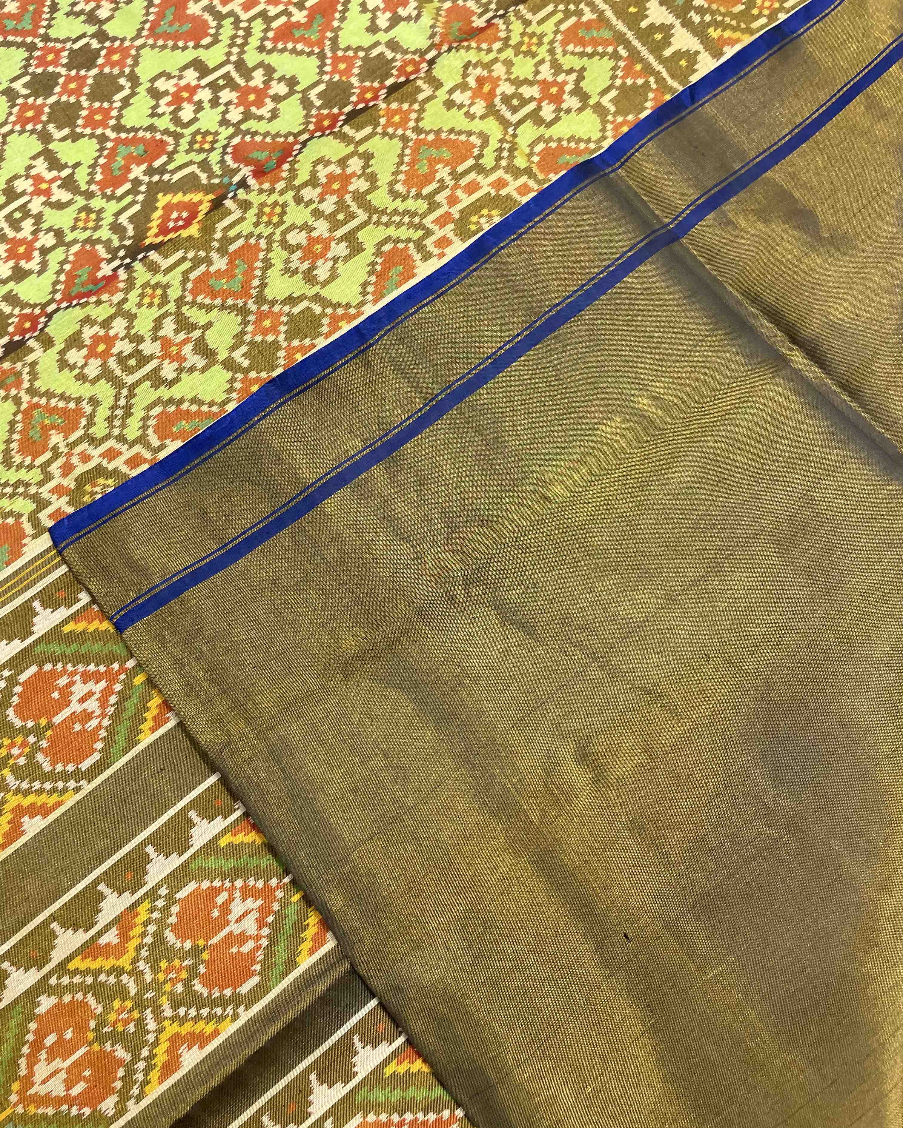 Blue & Pista Green Navratan Tissue Designer Patola Saree