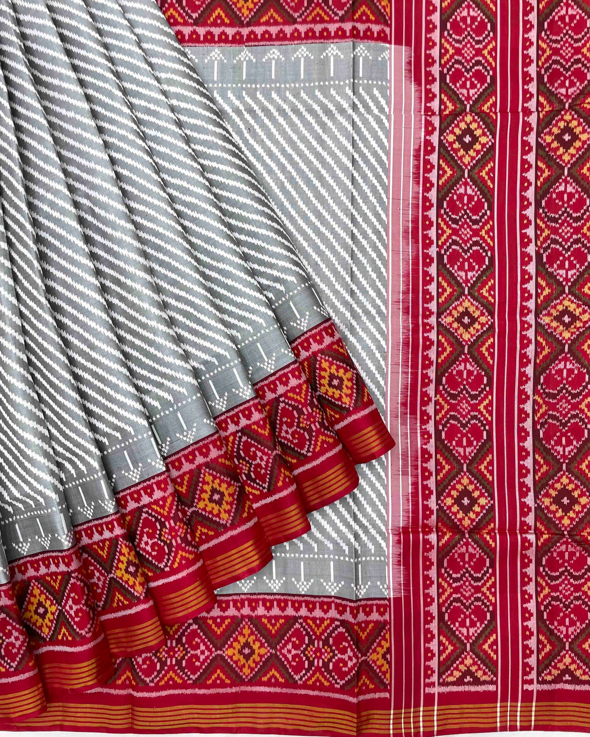 Red & White with Grey Lining Patola Saree