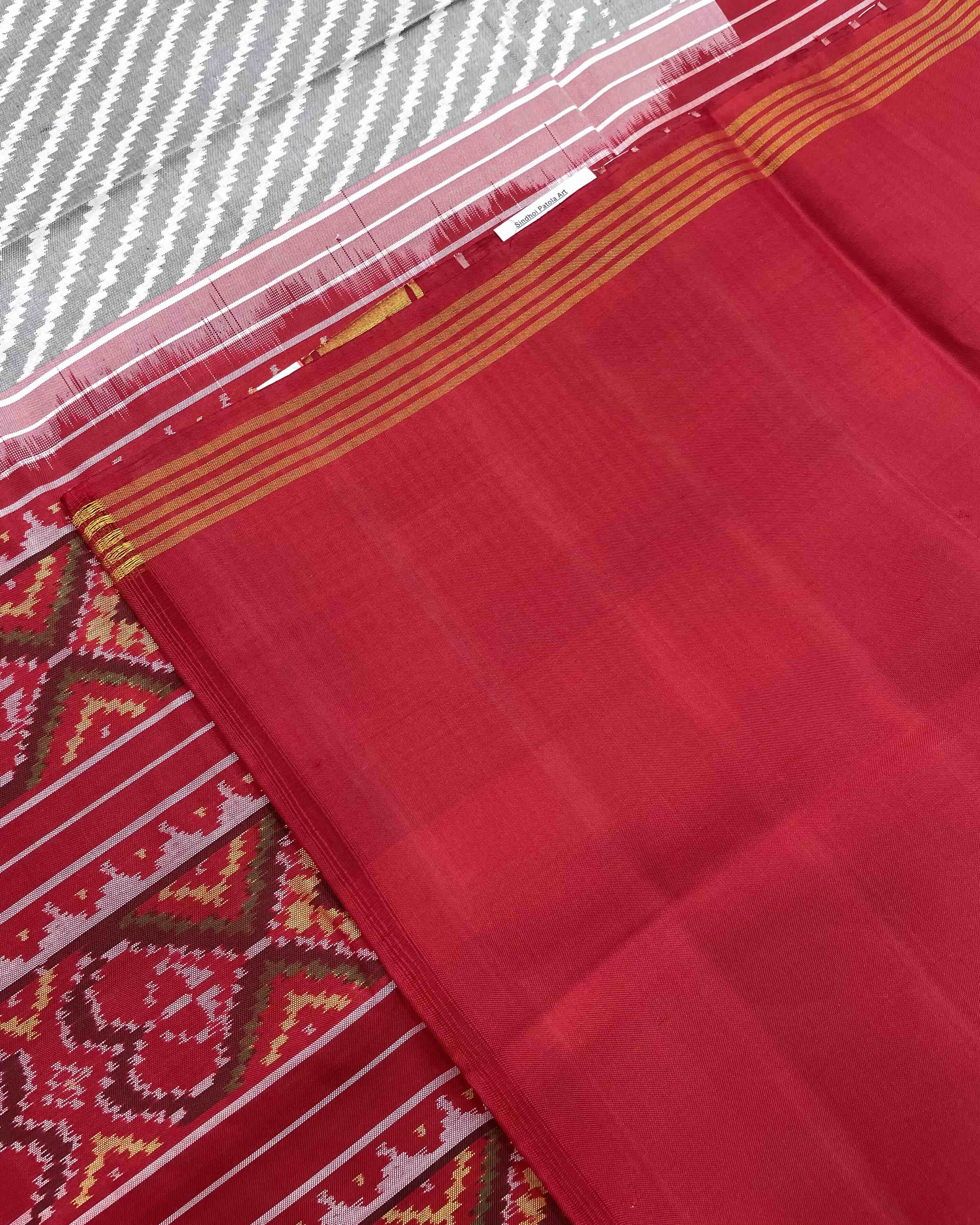 Red & White with Grey Lining Patola Saree