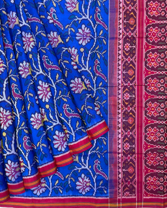Pink & Blue Fancy Flowers Designer Patola Saree