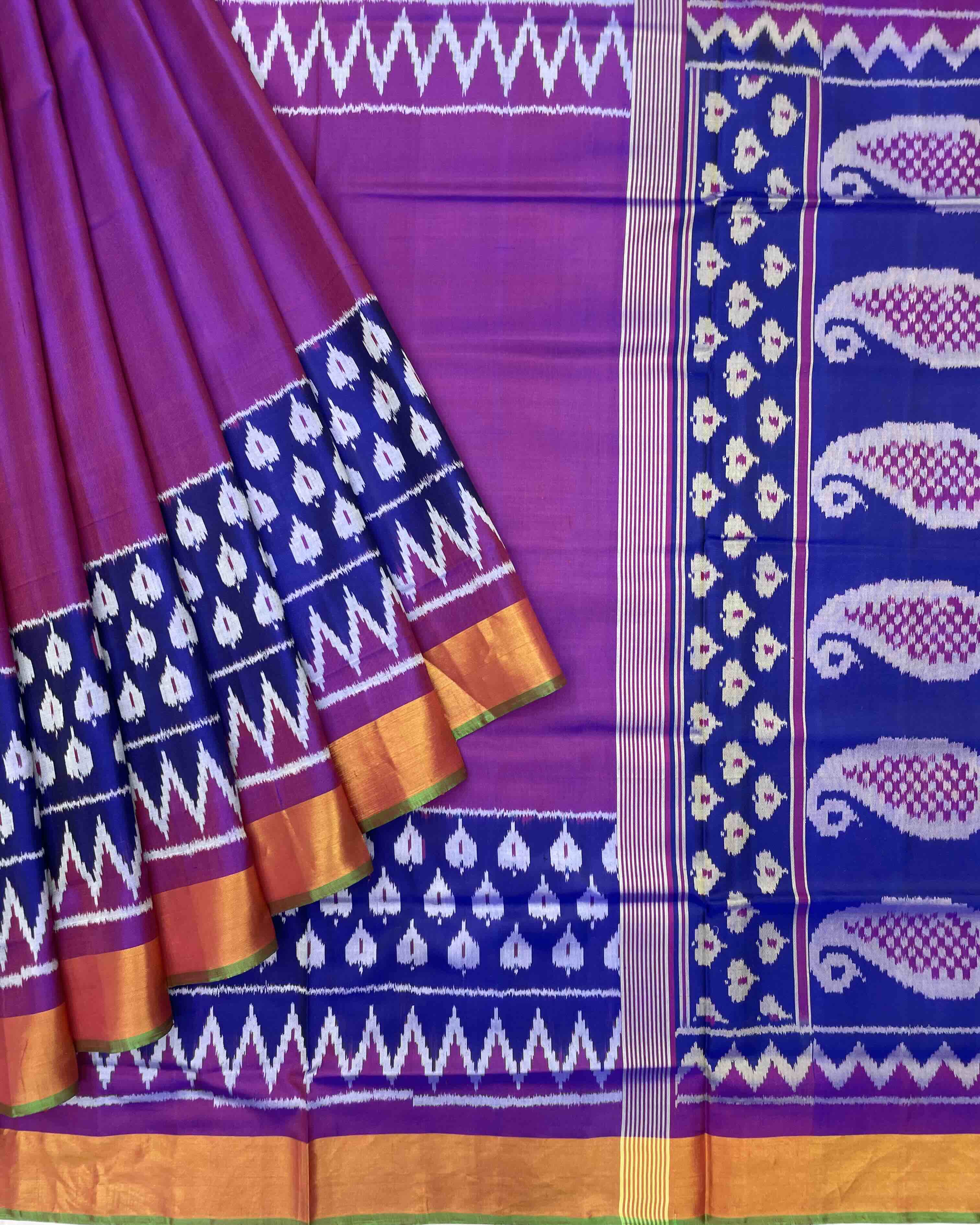 Blue & Purple Plain with Leaves Scut Border and Mango Pallu Designer Patola Saree