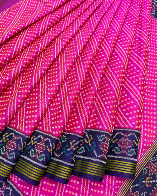 Navy Blue & Pink Leheriya Bandhani Design Patola Saree