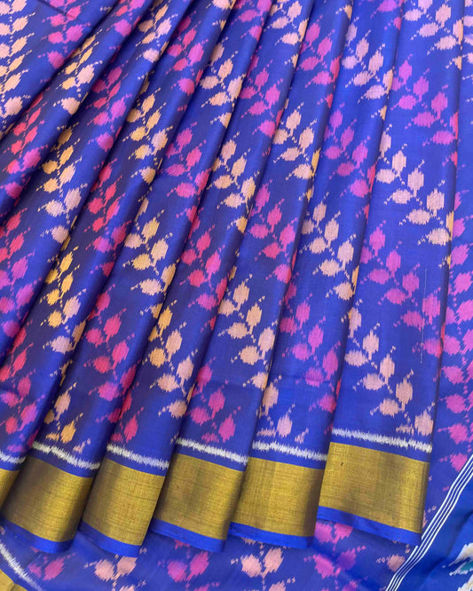 Blue & Purple Leaves Leheriya With Tree Pallu Patola Saree
