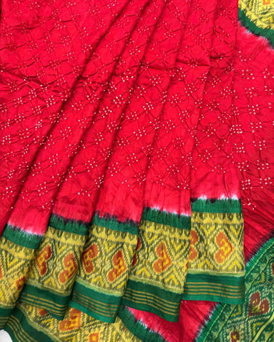 Green & Red Bandhani Patola Saree