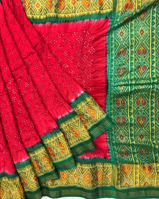 Green & Red Bandhani Patola Saree