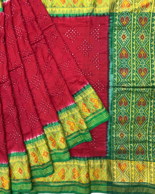 Green & Red Bandhani Patola Saree