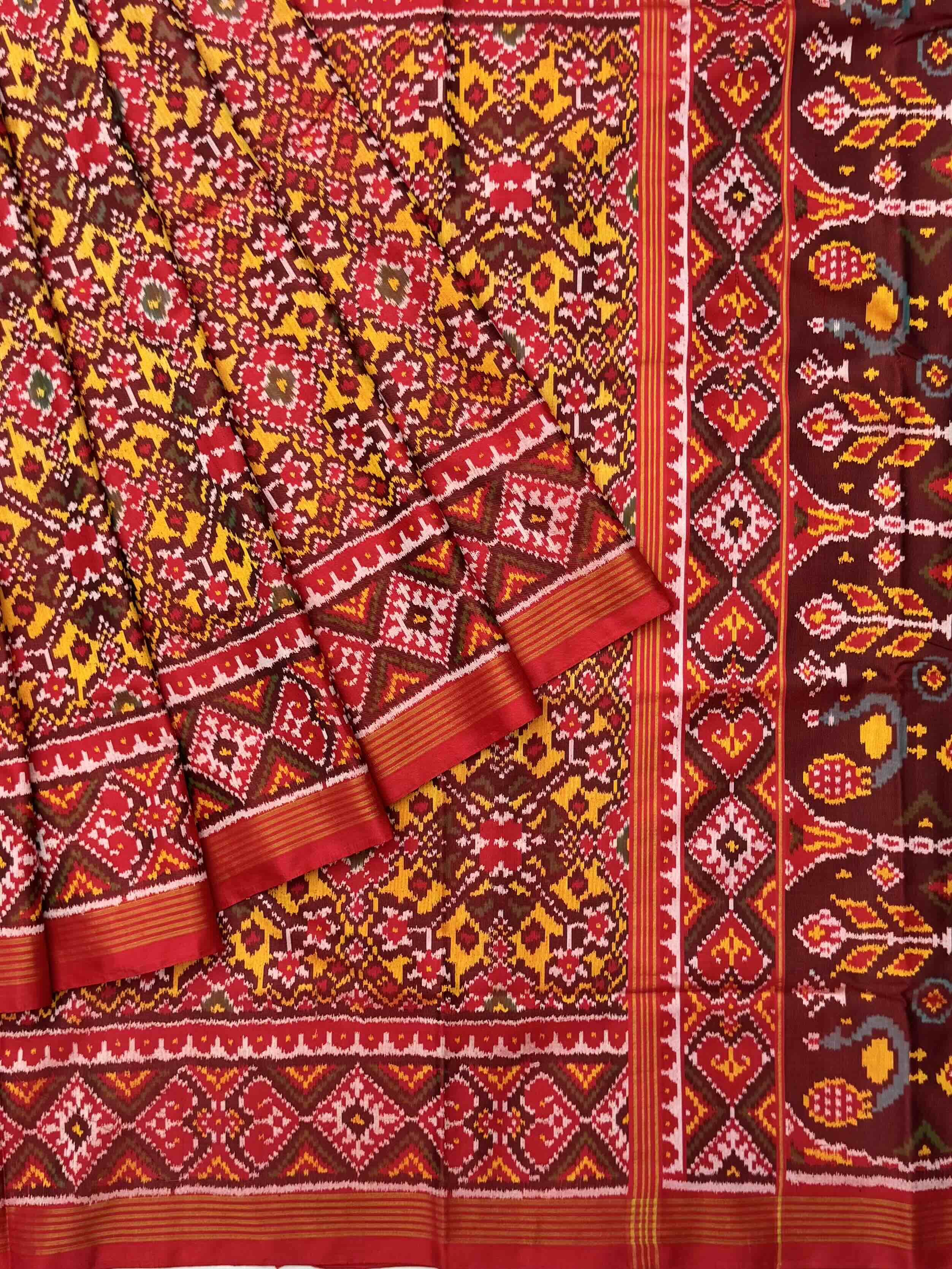 Red & musterd navratan Patola Saree