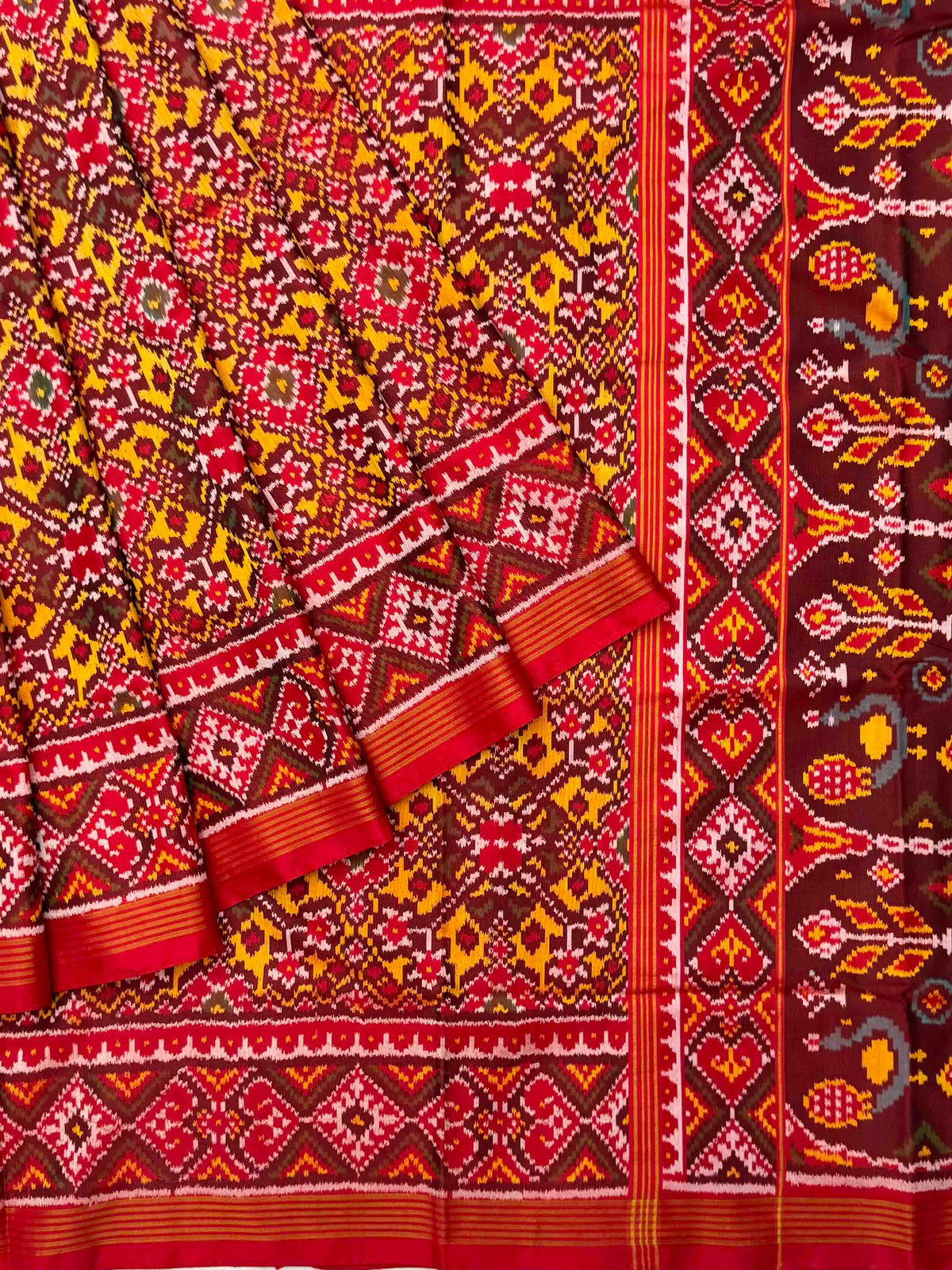 Red & musterd navratan Patola Saree
