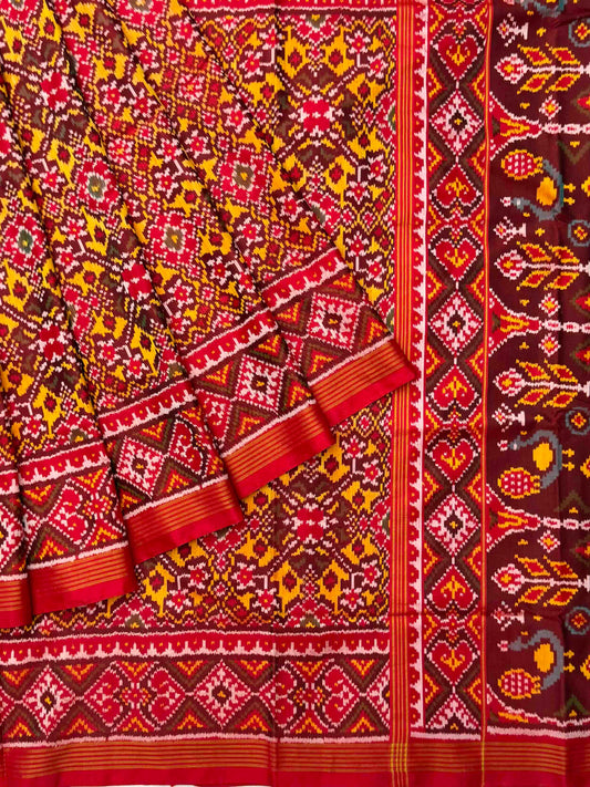 Red & musterd navratan Patola Saree