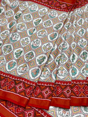 Red & white narikunj circle design Single ikat Patan Patola