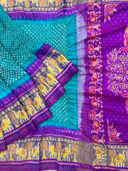 Purple cyan Bandhani Patola Saree