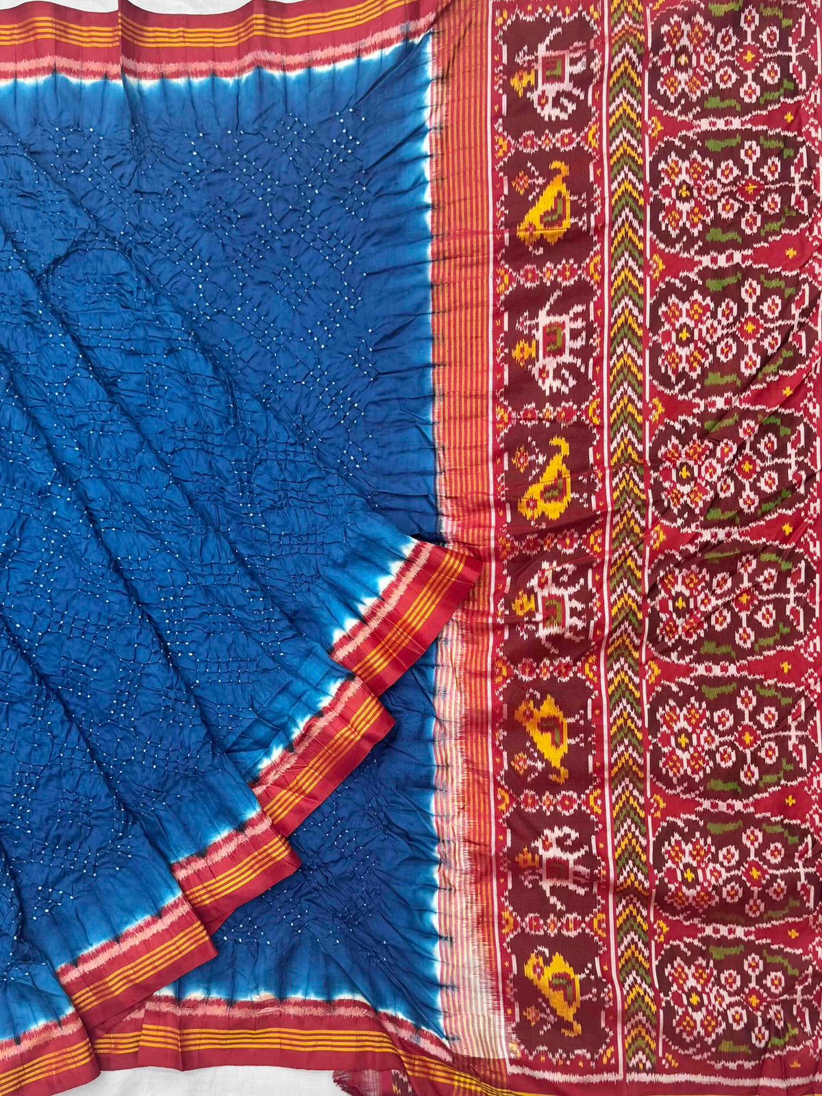 Red & Blue Rai dana bandhani saree