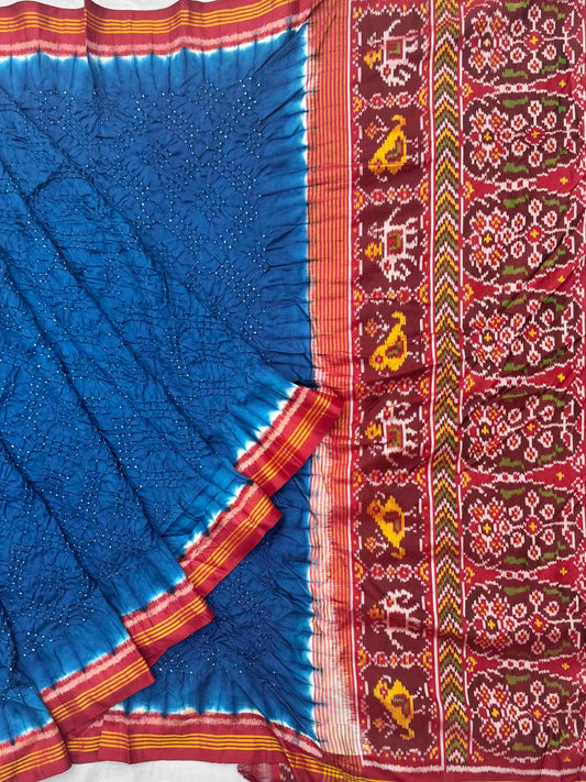 Red & Blue Rai dana bandhani saree
