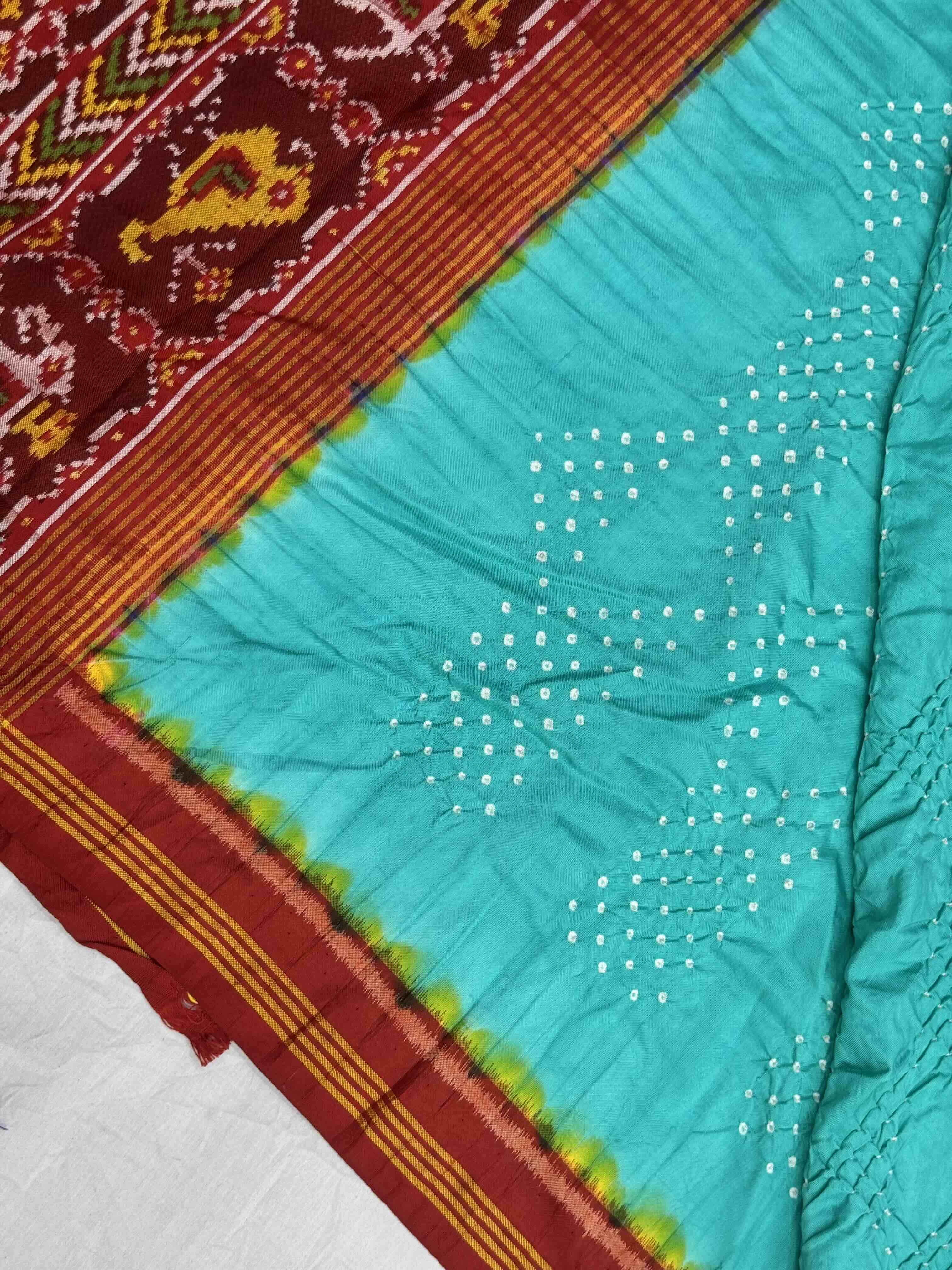 Red & Teal bluse Bandhani Patola Saree