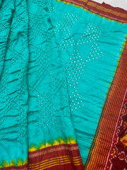 Red & Teal bluse Bandhani Patola Saree