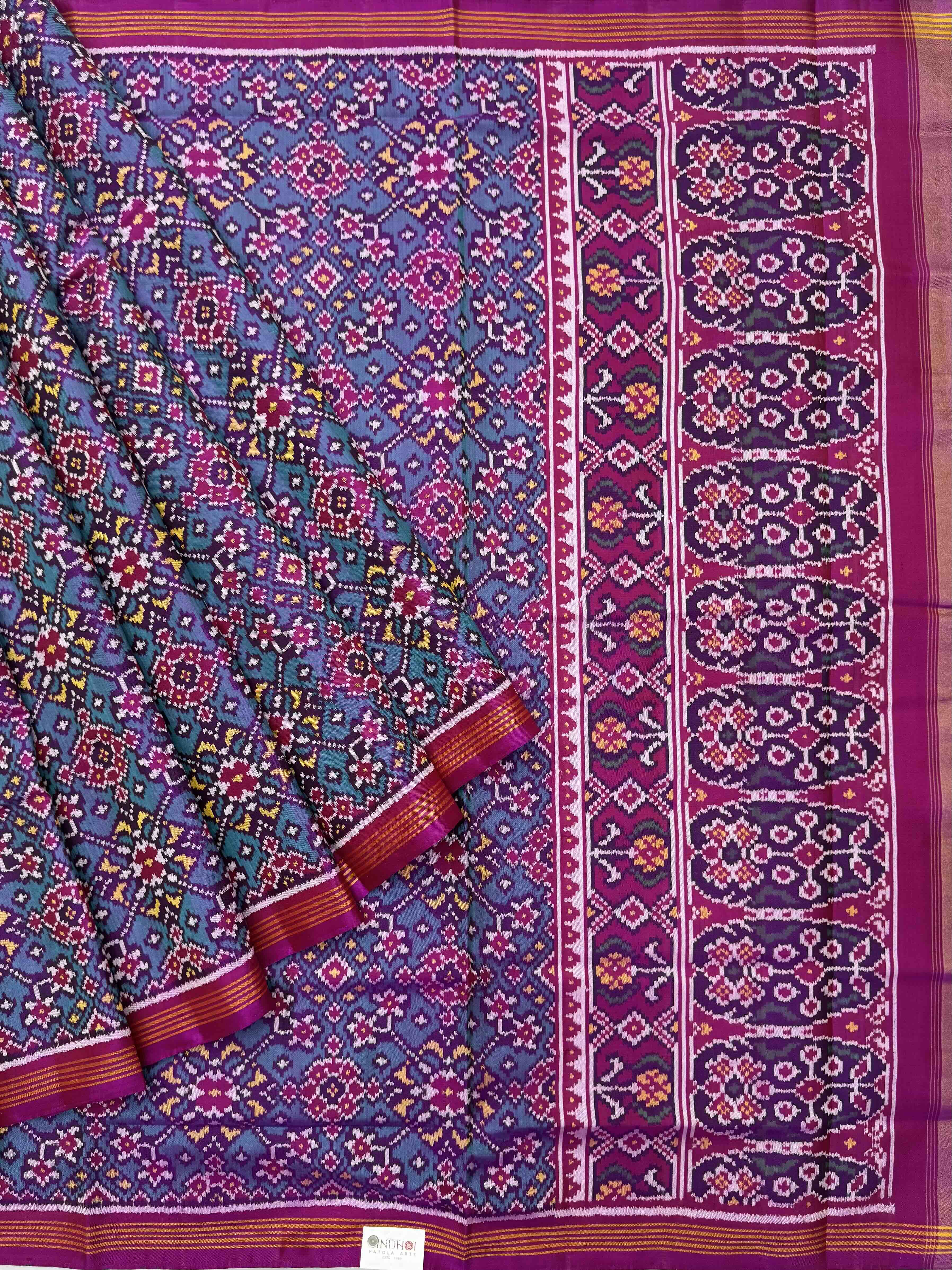 Teal with magenta pink navratan single ikat Patola