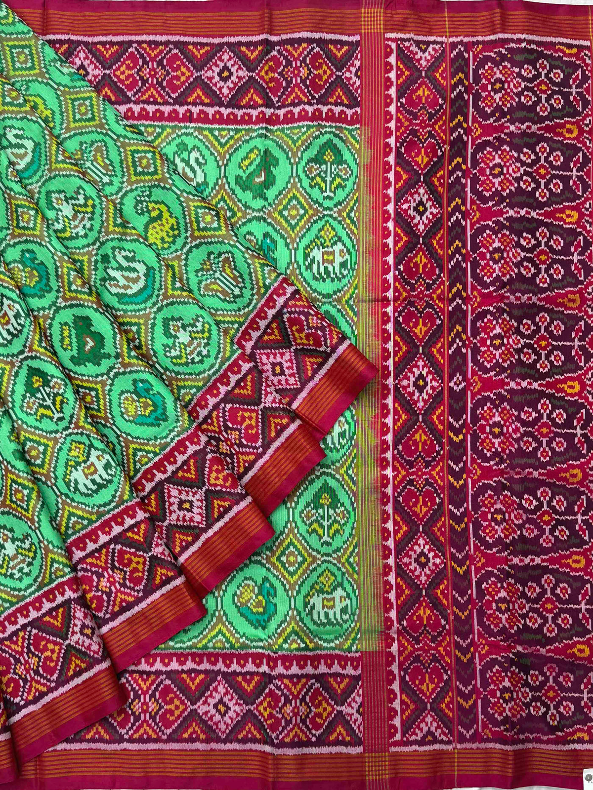 Pink & pista green Narikunj single Ikat Patola