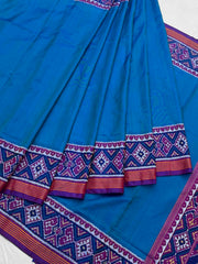 Magenta Peacock blue Plain single Ikat Patola Saree