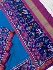 Magenta Peacock blue Plain single Ikat Patola Saree