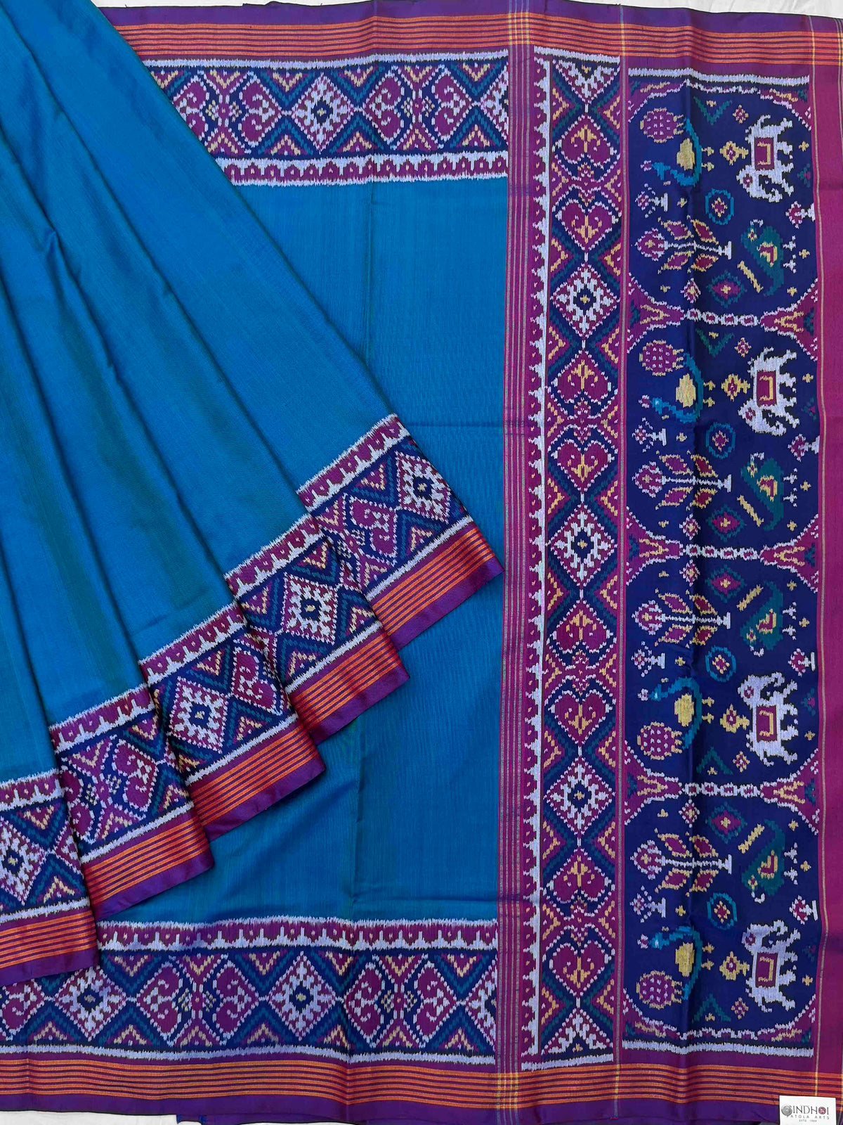 Magenta Peacock blue Plain single Ikat Patola Saree