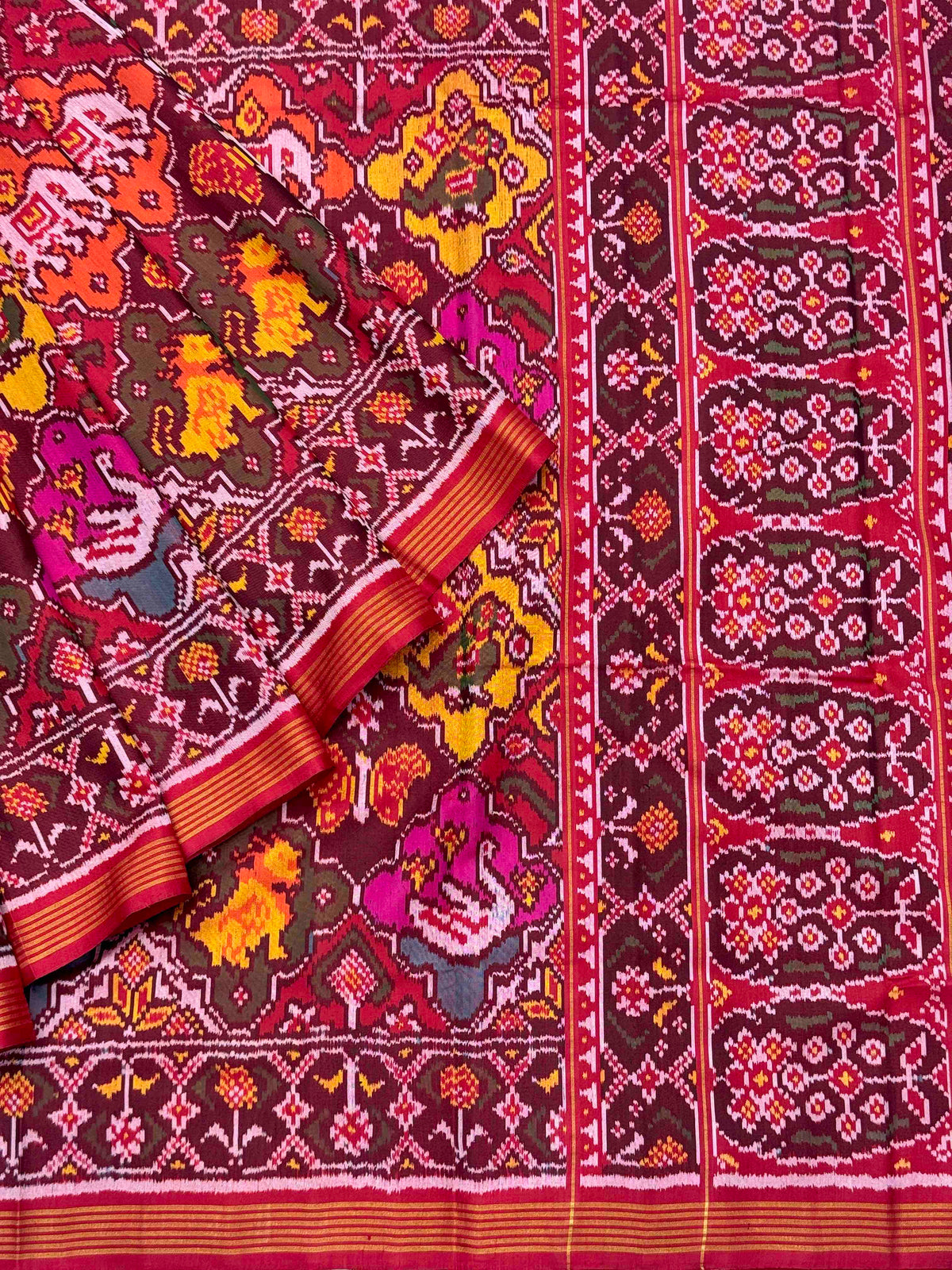 Maroon with multicolour multimotifs Patola