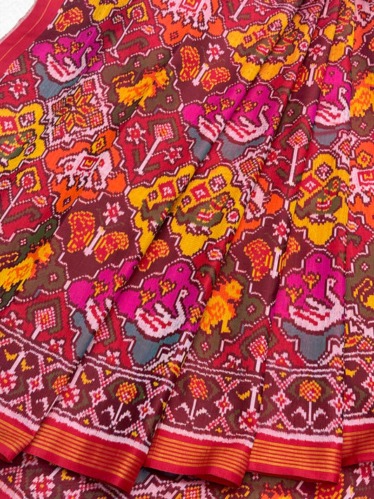 Maroon with multicolour multimotifs Patola