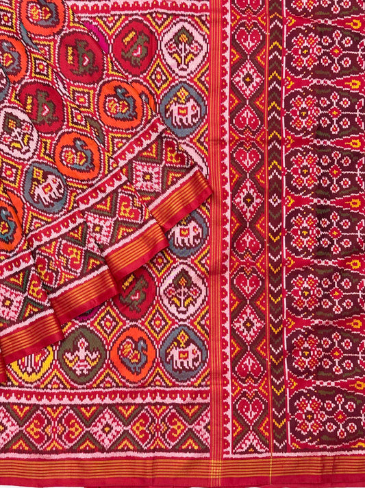Red with multicolour figures in circle Patola Saree