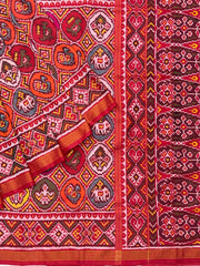 Red with multicolour figures in circle Patola Saree