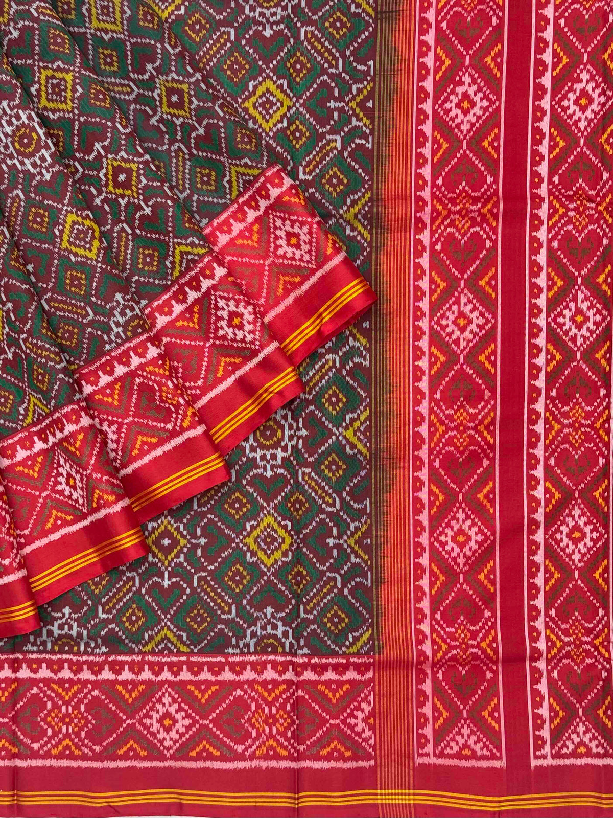 Red with green brown ManekChawk Patola Saree
