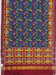 Red & Blue deer border pallu with blue patan patola