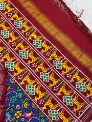 Red & Blue deer border pallu with blue patan patola
